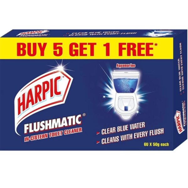 Harpic Flushmatic In-Cistern Aquamarine Block Toilet Cleaner  (Combo Pack 5+1 Free,50g Each) (1×50g) - Image 2