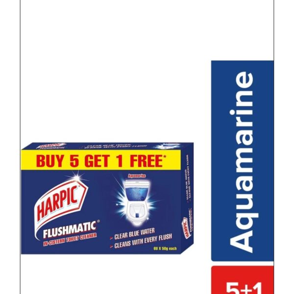Harpic Flushmatic In-Cistern Aquamarine Block Toilet Cleaner  (Combo Pack 5+1 Free,50g Each) (1×50g)