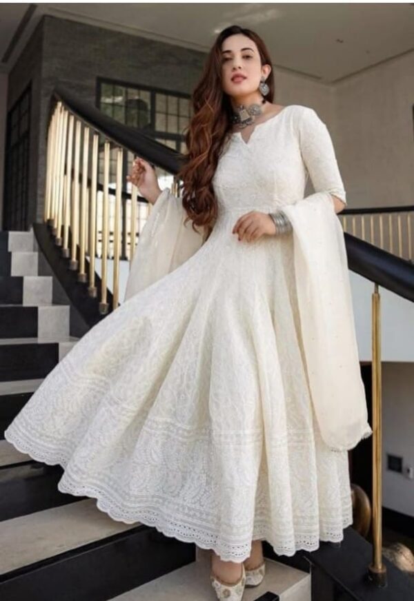 Chikankari Cotton Off White Anarkali Kurta with Dupatta and gold plated earrings (combo)
