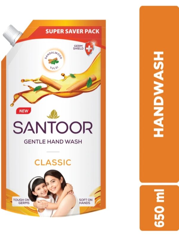 Santoor by classic gentle with goodness of sandlewood and tulsi hand wash pouch 650 ml