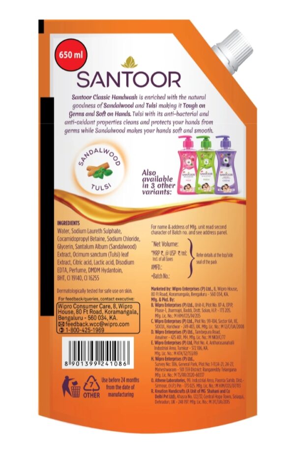 Santoor by classic gentle with goodness of sandlewood and tulsi hand wash pouch 650 ml - Image 4