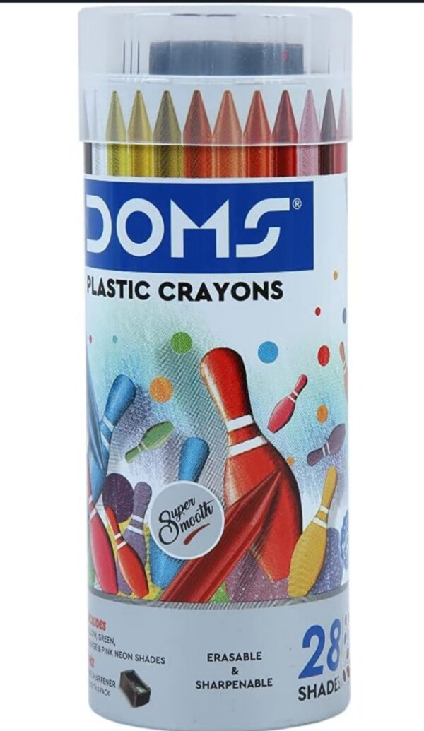 Doms plastic crayon 28 shades with 1 eraser+1 sharpener Tin box