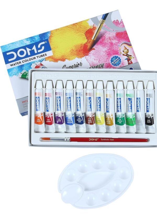 Doms Non-Toxic Water Colour Tube Set (12 Assorted Shades, 1 Paint Brush & 1 Palette) - Image 2