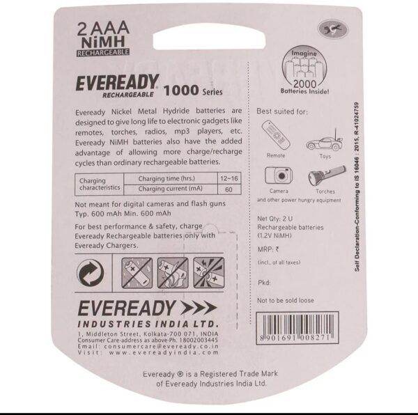 Eveready 1000 Series Rechargeable AAA Batteries (Pack of 2) - Image 2