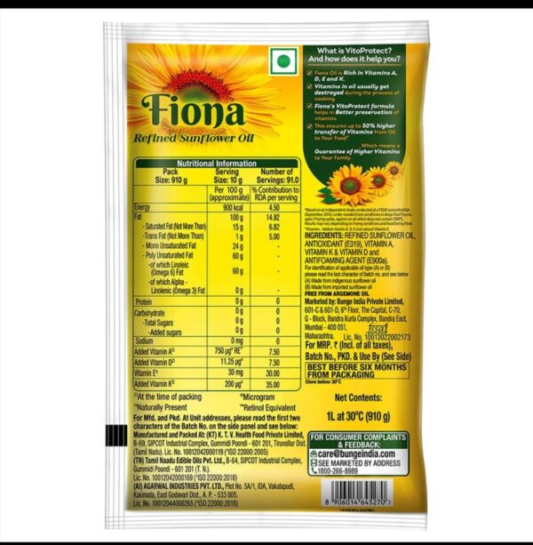 Fiona Refined Sunflower Oil 1 L - Image 2
