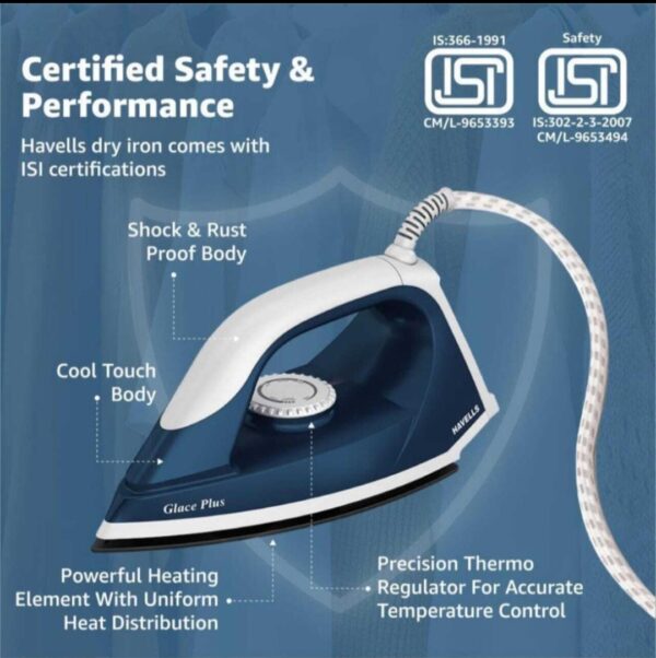 Havells Glace Plus 1000 W Dry Iron (Blue). - Image 2
