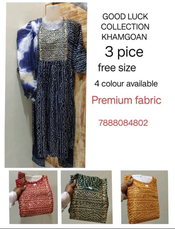 Good Luck Collection khamgaon Add a touch of elegance to your look with this beautiful 3-piece dress. from Khamgaon, available in 4 colors and free size.